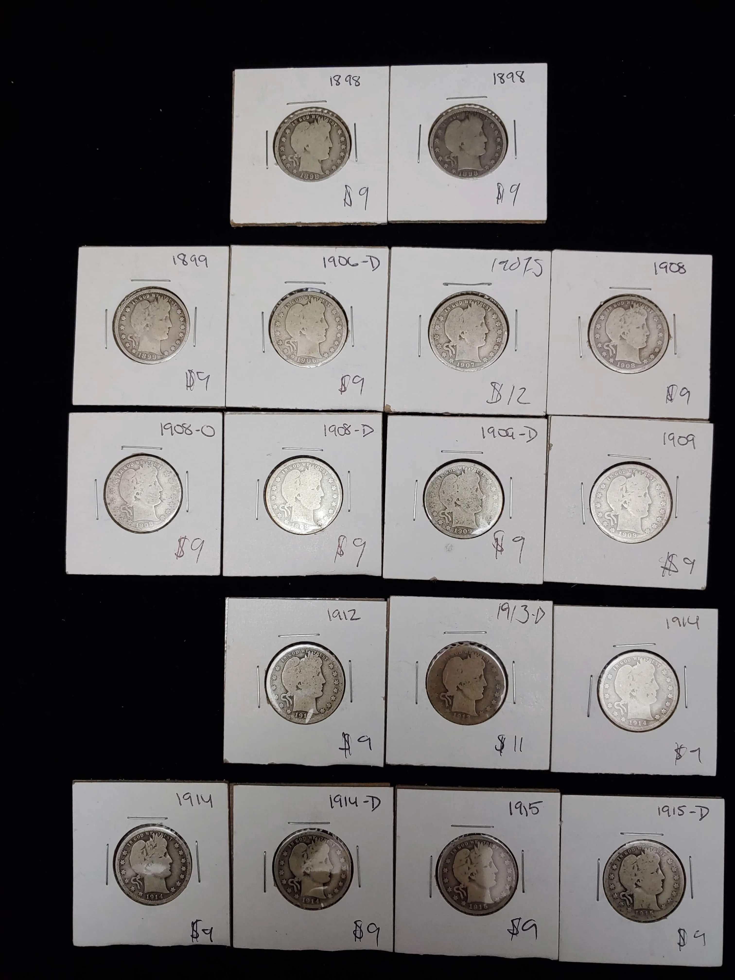 1898-1915-D SILVER BARBER PAGE OF 17 COINS - $300 APR Value w/ CoA!