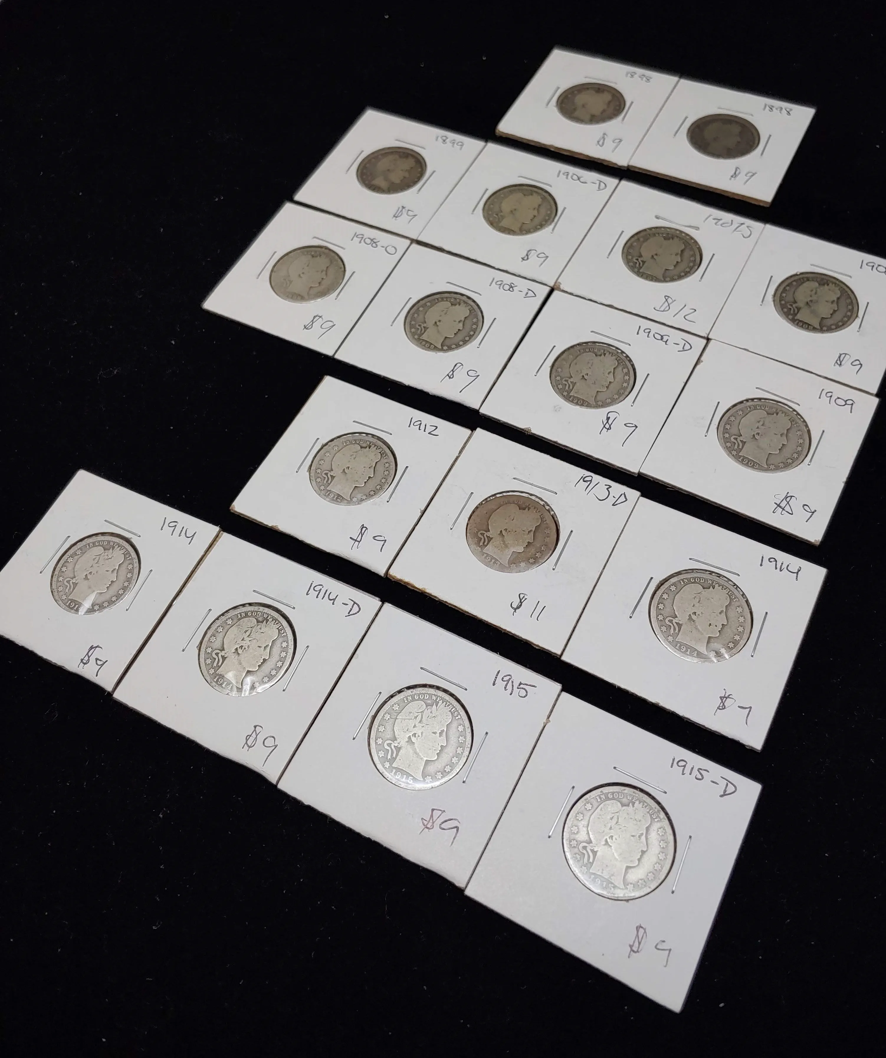1898-1915-D SILVER BARBER PAGE OF 17 COINS - $300 APR Value w/ CoA!