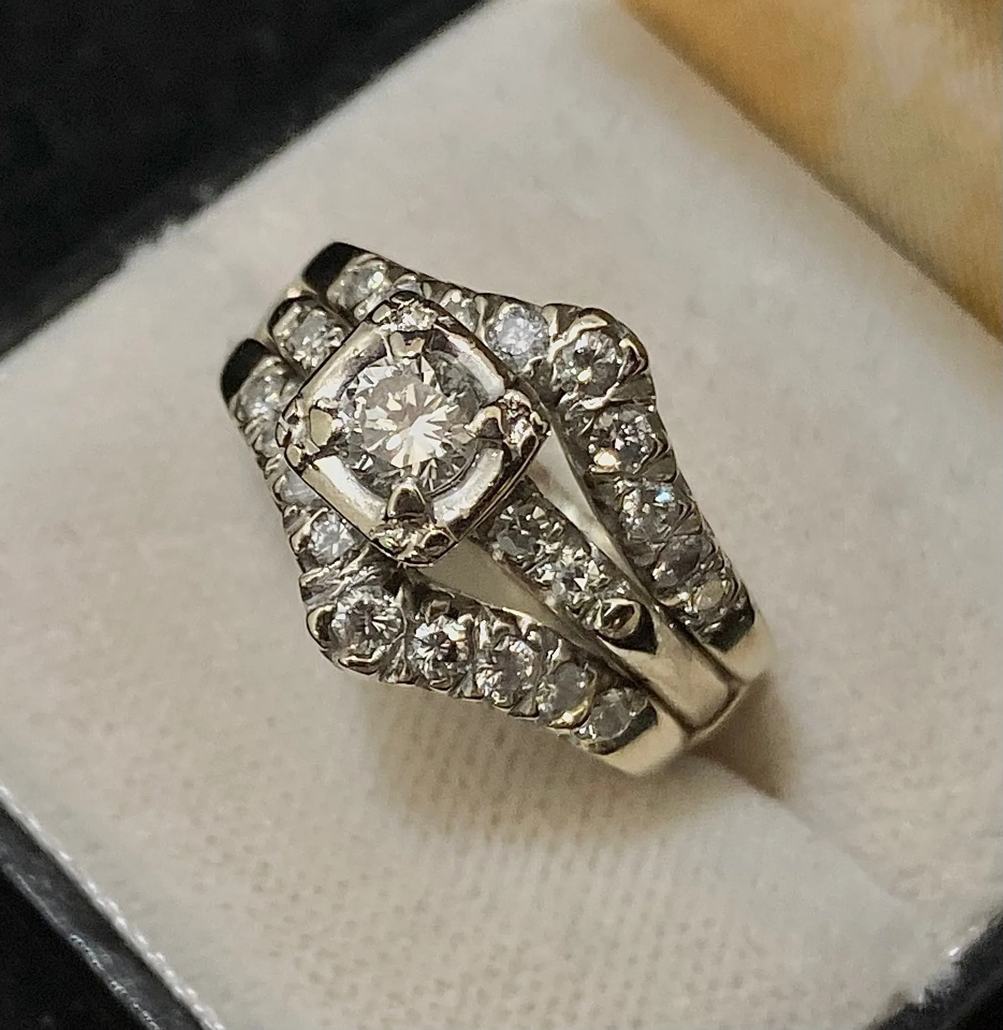 1920s Antique Solid White Gold 23-Diamond Soldering Wedding Engagement Ring Set - $15K Appraisal Value w/CoA}