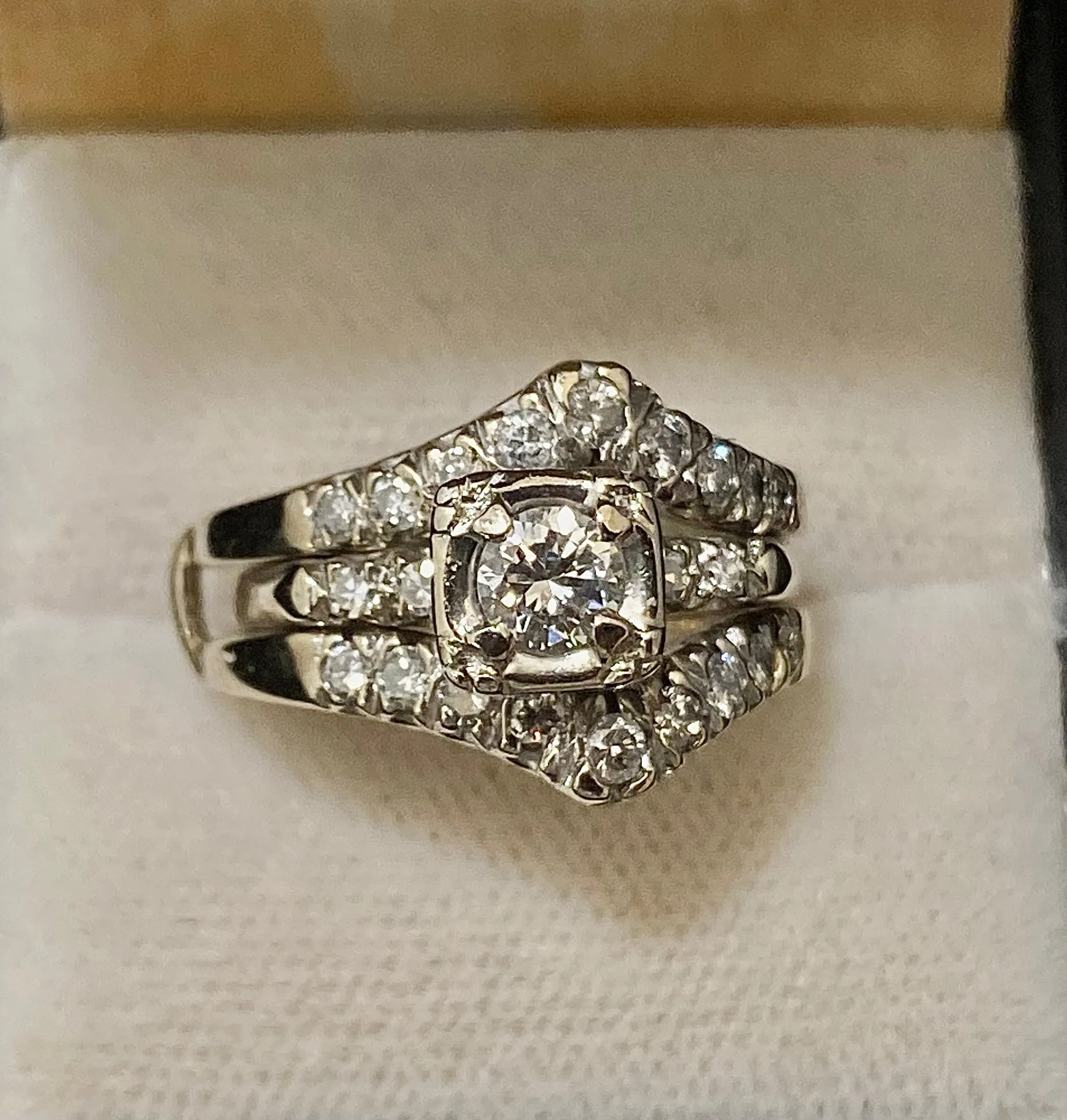1920s Antique Solid White Gold 23-Diamond Soldering Wedding Engagement Ring Set - $15K Appraisal Value w/CoA}