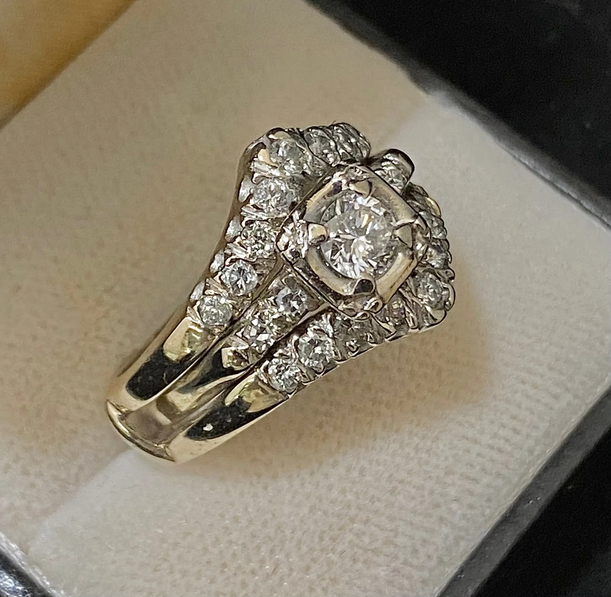 1920s Antique Solid White Gold 23-Diamond Soldering Wedding Engagement Ring Set - $15K Appraisal Value w/CoA}