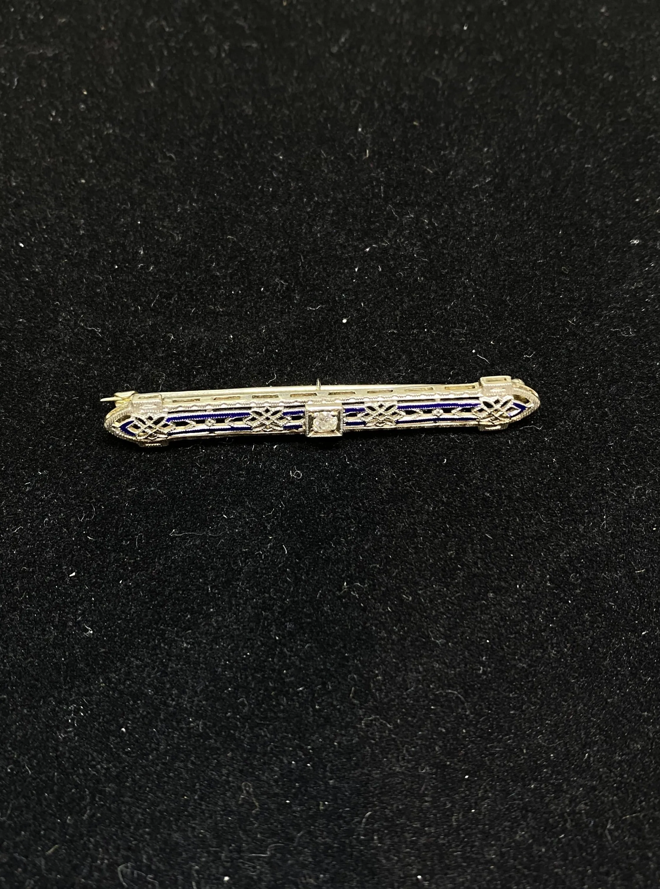 1920's Victorian Design Solid White Gold Diamond & Enamel Brooch/Pin - $6K Appraisal Value w/CoA}