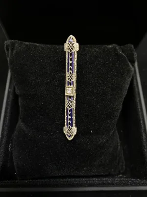 1920's Victorian Design Solid White Gold Diamond & Enamel Brooch/Pin - $6K Appraisal Value w/CoA}