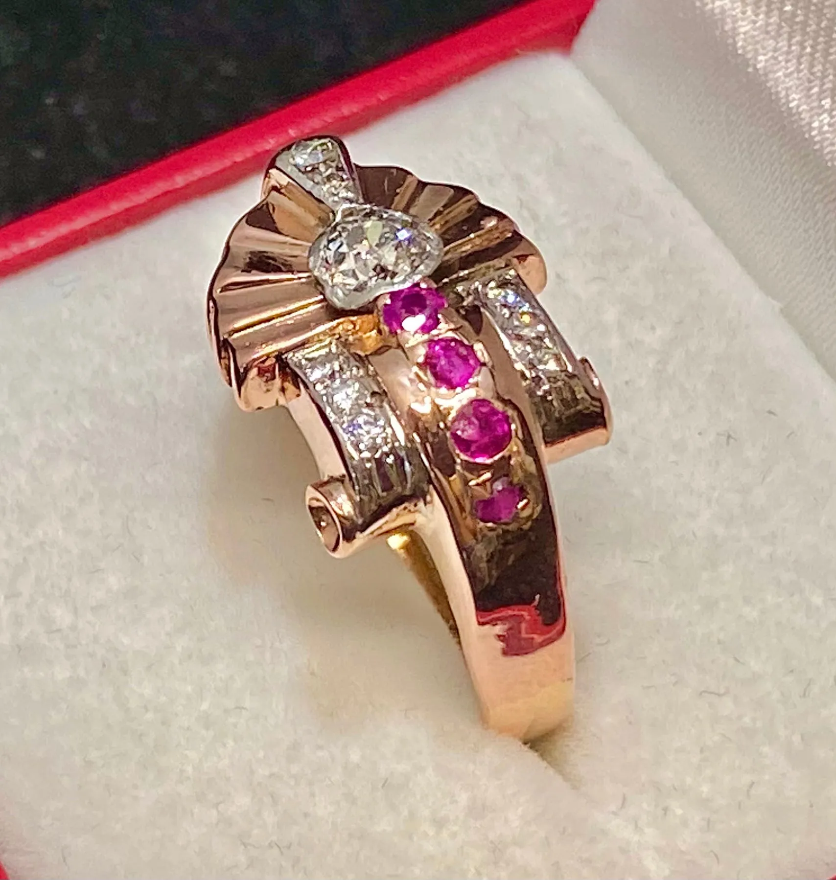 1930’S Victorian Design Solid Rose Gold with Ruby & Diamond Ring - $12K Appraisal Value w/CoA}