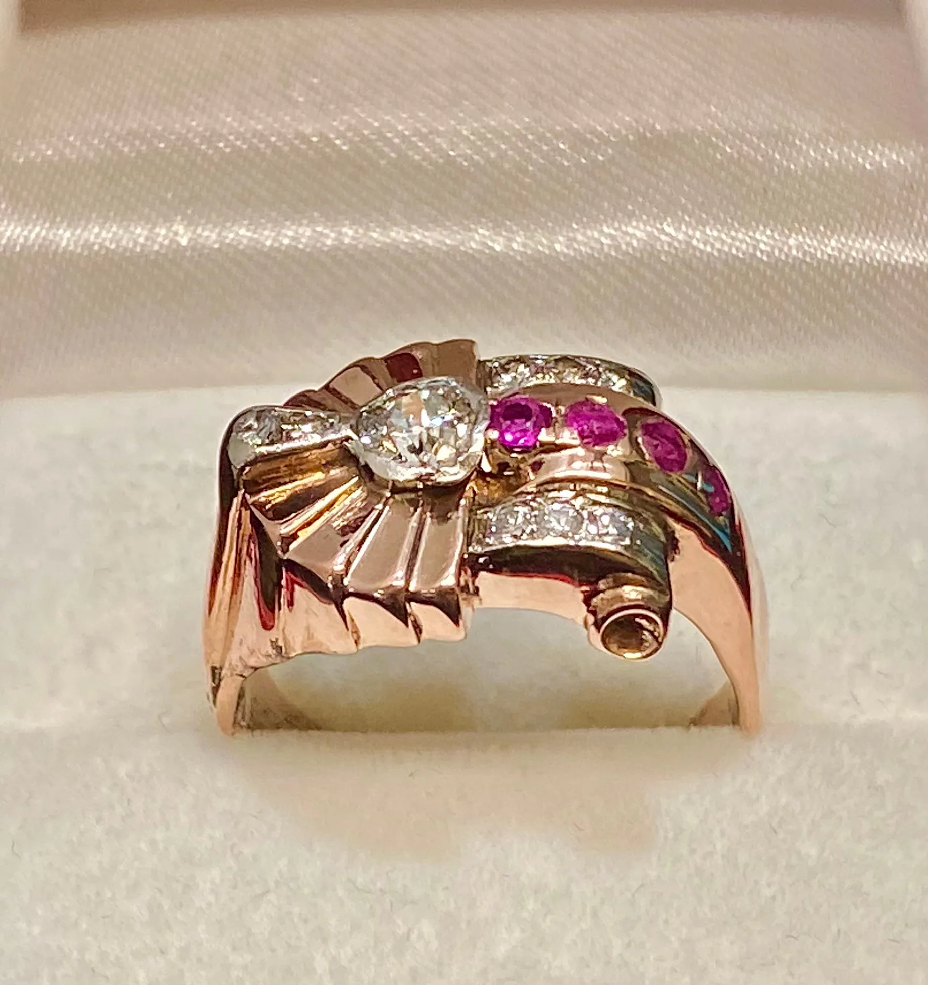 1930’S Victorian Design Solid Rose Gold with Ruby & Diamond Ring - $12K Appraisal Value w/CoA}