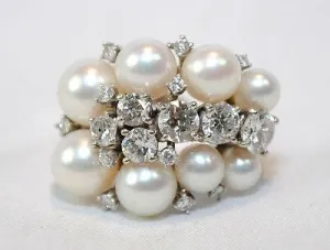 1930s Vintage 2.5 Carat Diamond & Pearl Cluster Ring in Solid 14K White Gold - $30K VALUE