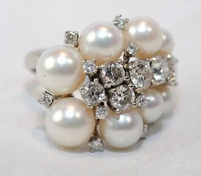 1930s Vintage 2.5 Carat Diamond & Pearl Cluster Ring in Solid 14K White Gold - $30K VALUE