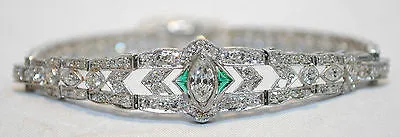 1930s Vintage 8 Carat Diamond & Emerald Bracelet in Platinum - $50K VALUE
