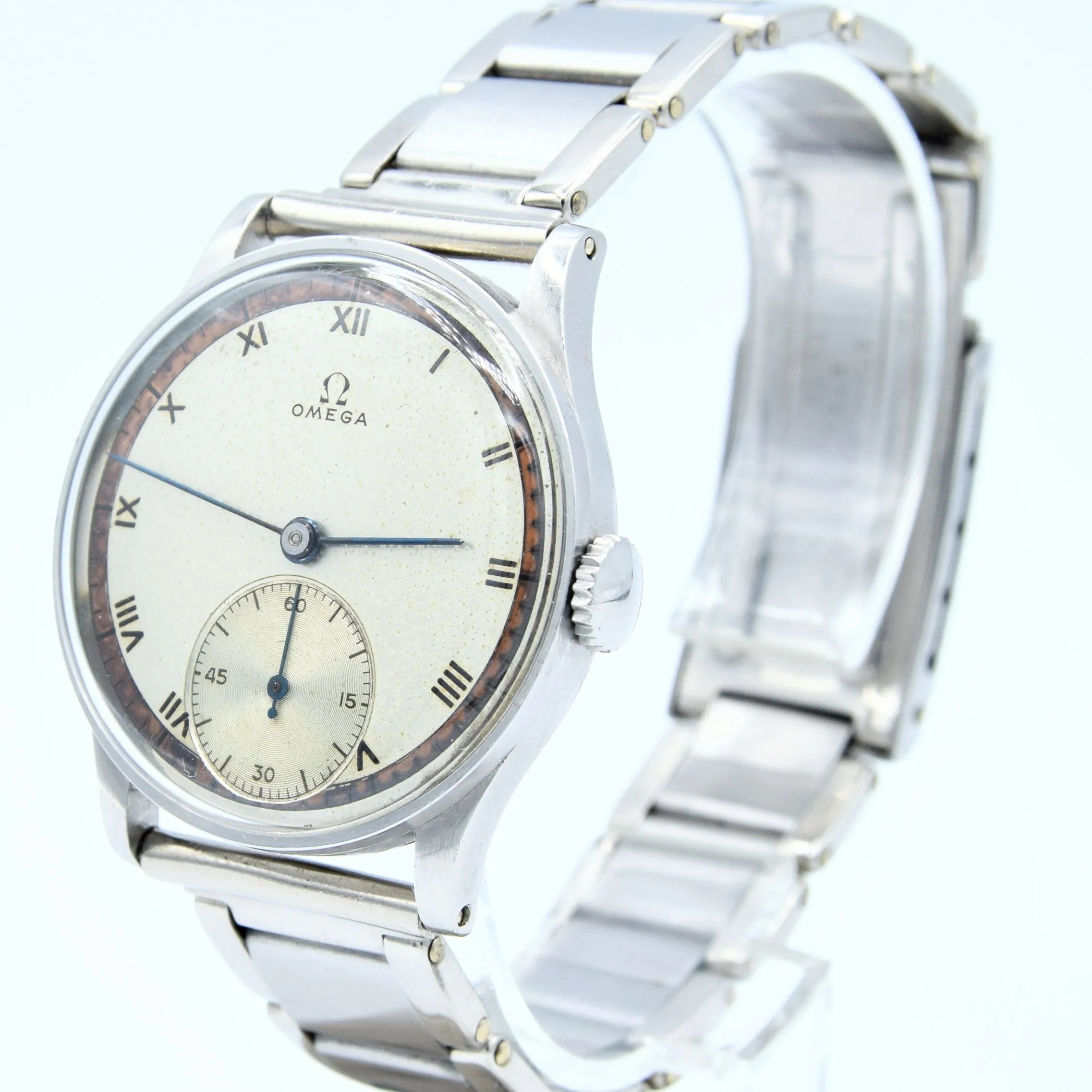 1939 Rare Omega Calatrava Military-Style Chapter Ring Patina Dial in Unpolished Stainless Steel on 1940s Bracelet Caliber 30T2
