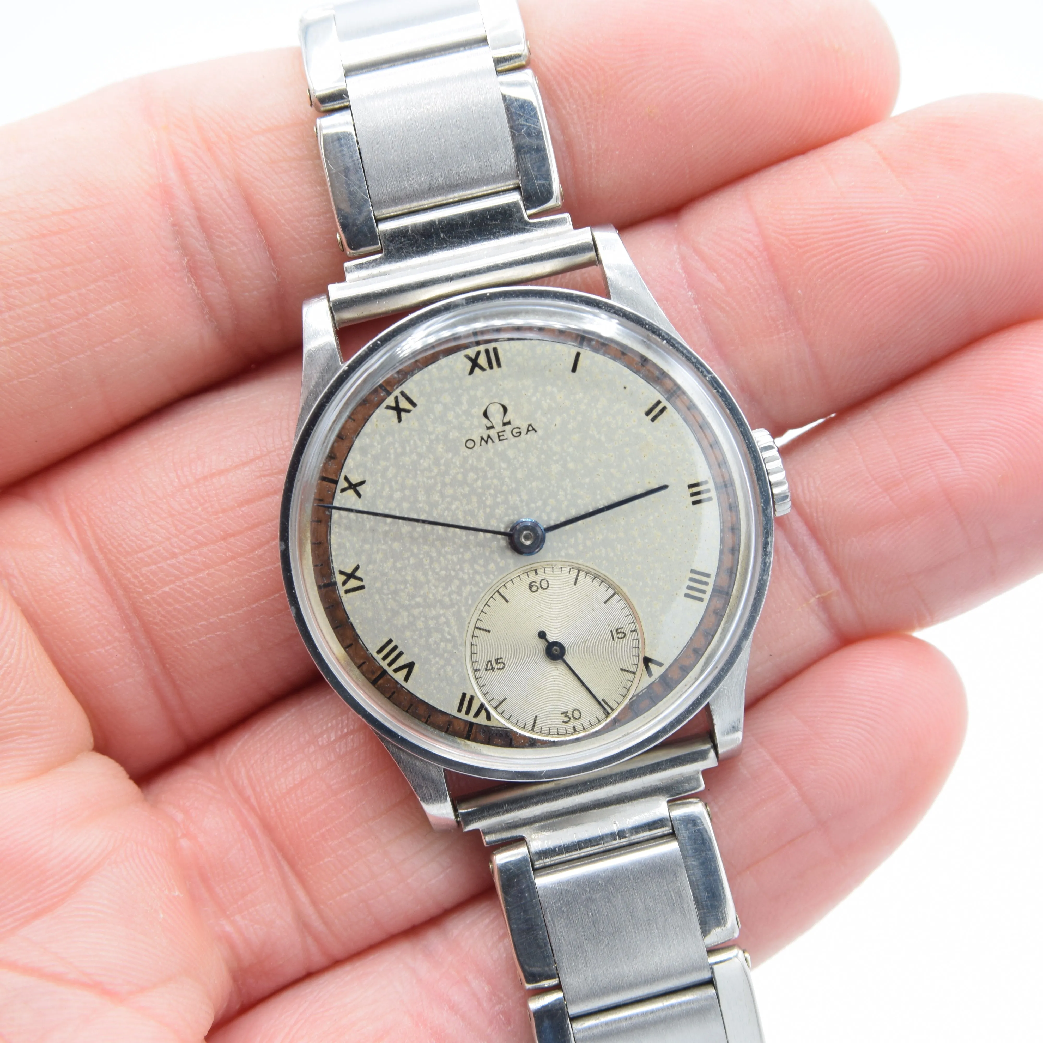 1939 Rare Omega Calatrava Military-Style Chapter Ring Patina Dial in Unpolished Stainless Steel on 1940s Bracelet Caliber 30T2