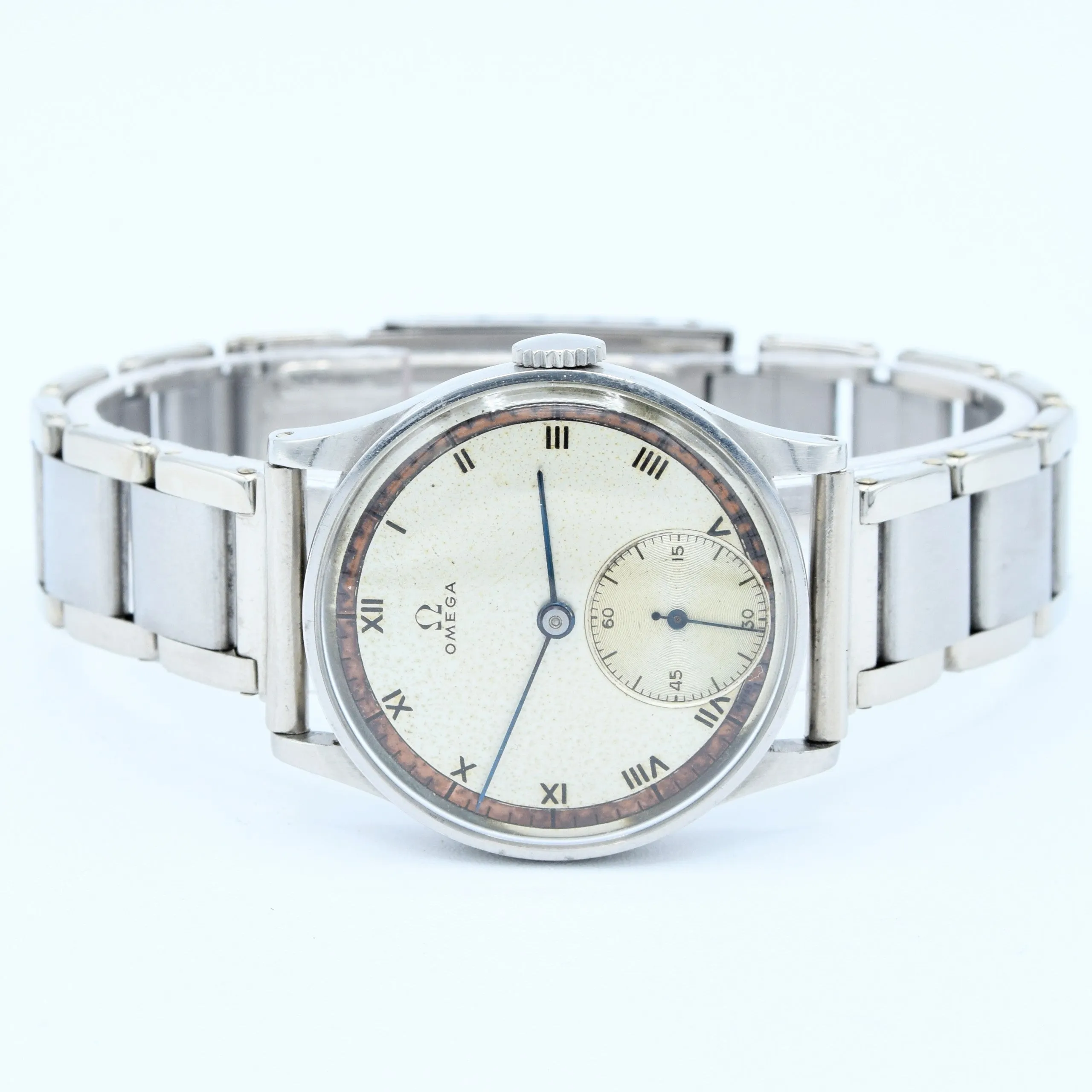 1939 Rare Omega Calatrava Military-Style Chapter Ring Patina Dial in Unpolished Stainless Steel on 1940s Bracelet Caliber 30T2