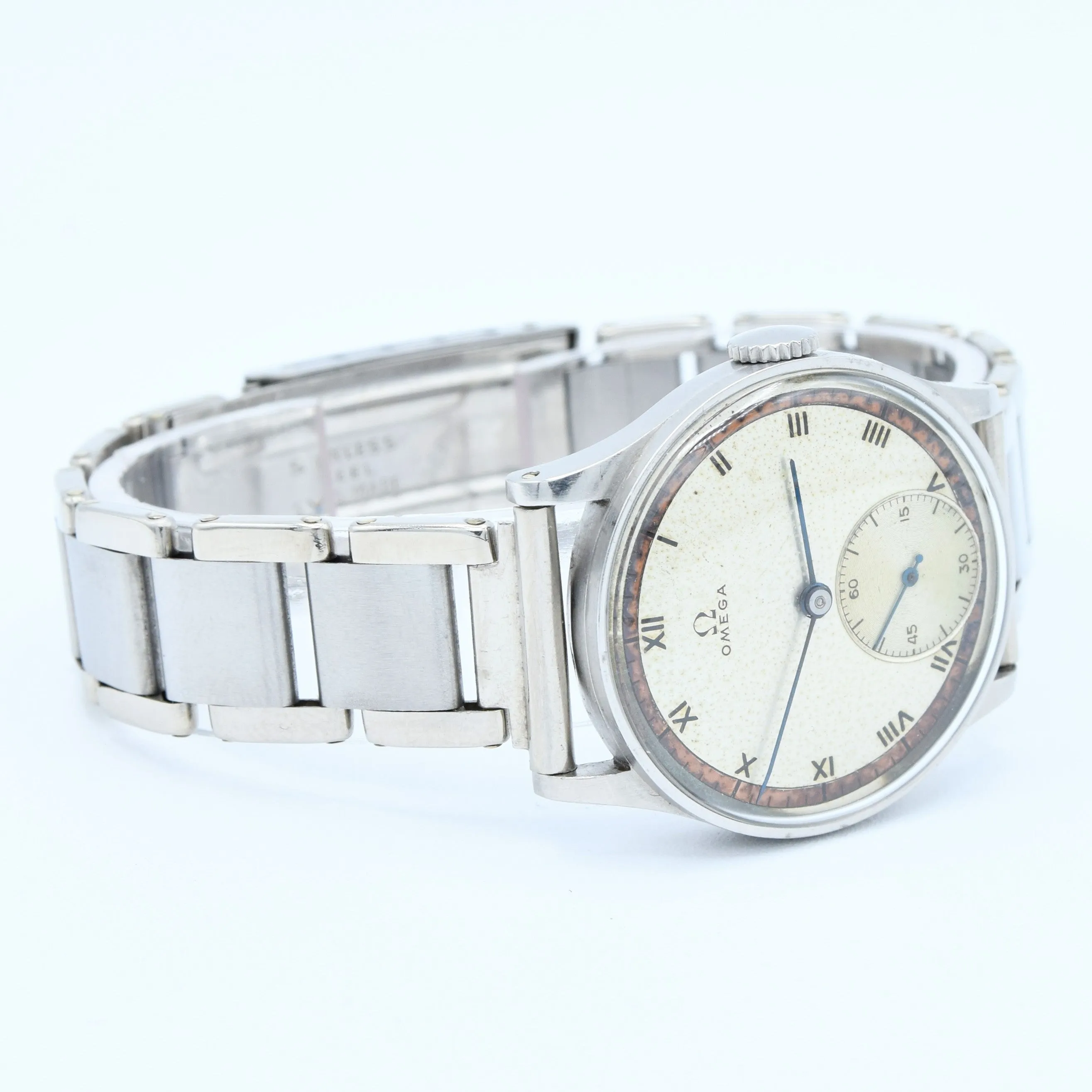 1939 Rare Omega Calatrava Military-Style Chapter Ring Patina Dial in Unpolished Stainless Steel on 1940s Bracelet Caliber 30T2