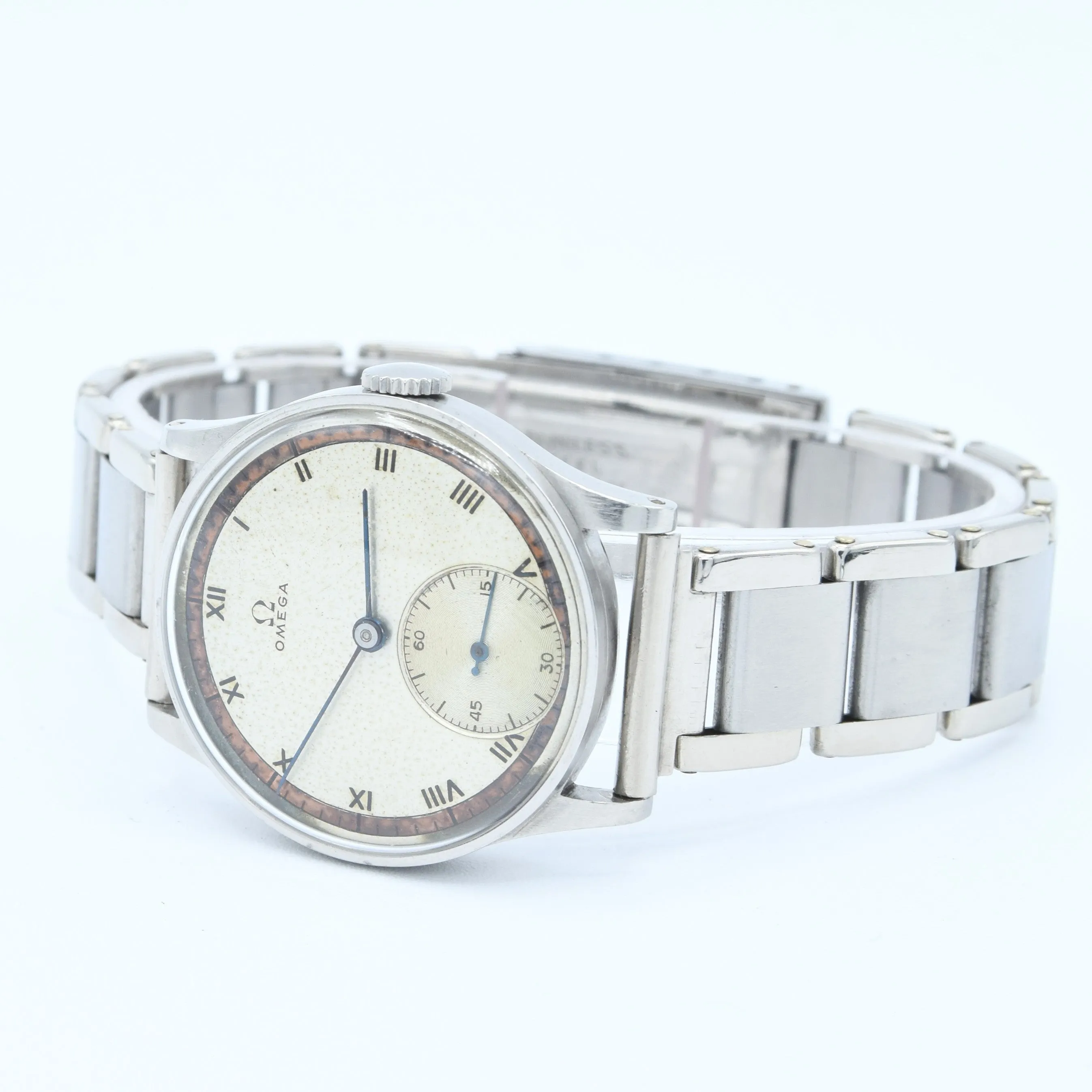 1939 Rare Omega Calatrava Military-Style Chapter Ring Patina Dial in Unpolished Stainless Steel on 1940s Bracelet Caliber 30T2