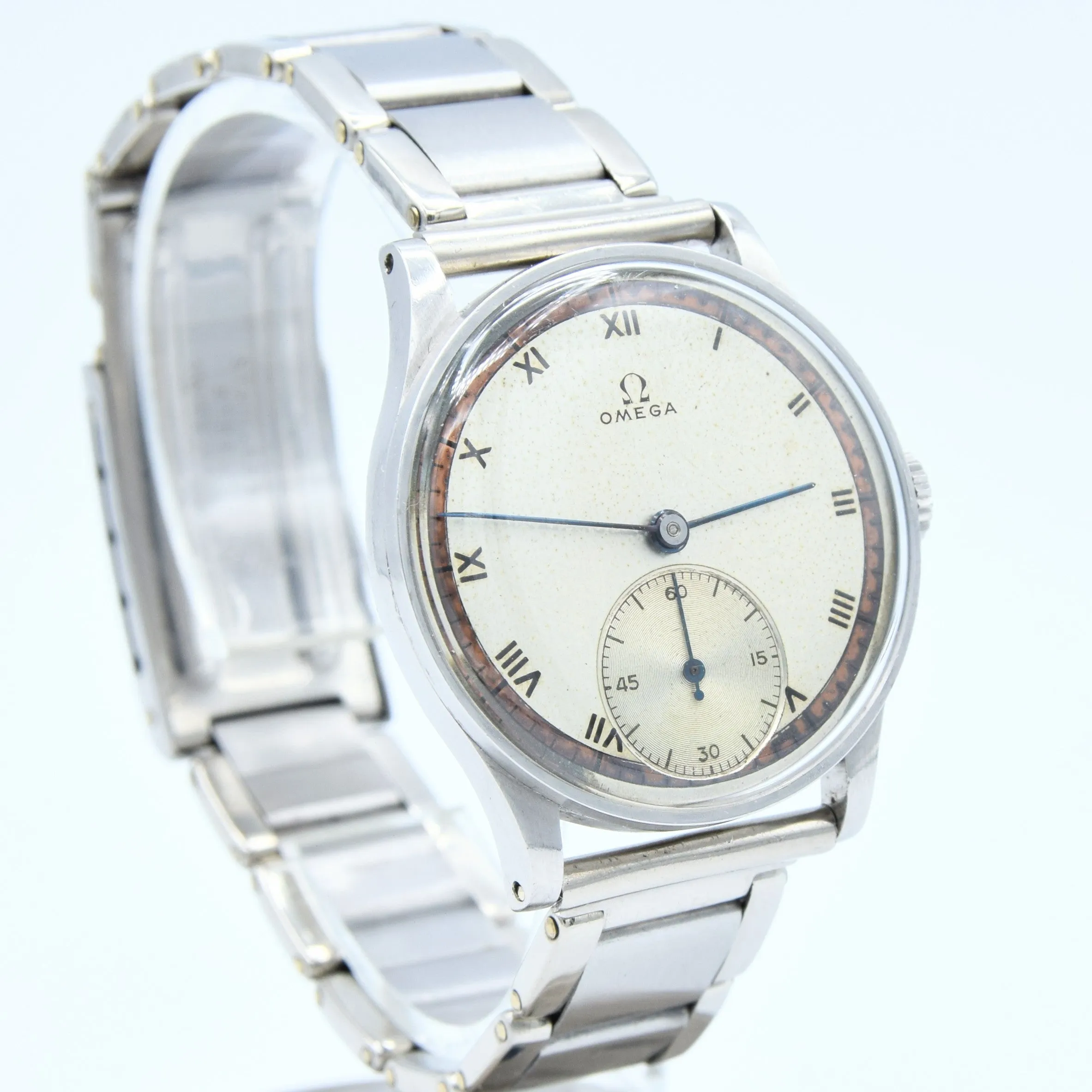 1939 Rare Omega Calatrava Military-Style Chapter Ring Patina Dial in Unpolished Stainless Steel on 1940s Bracelet Caliber 30T2