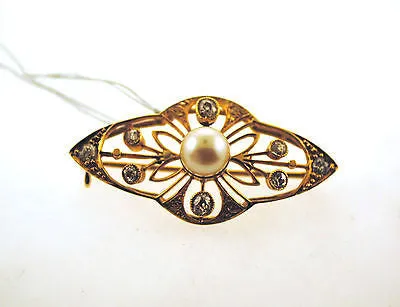 1940s Vintage Old Miner Cut Diamond & Pearl Brooch in 18K Yellow Gold - $6K VALUE