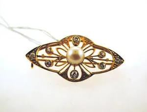 1940s Vintage Old Miner Cut Diamond & Pearl Brooch in 18K Yellow Gold - $6K VALUE
