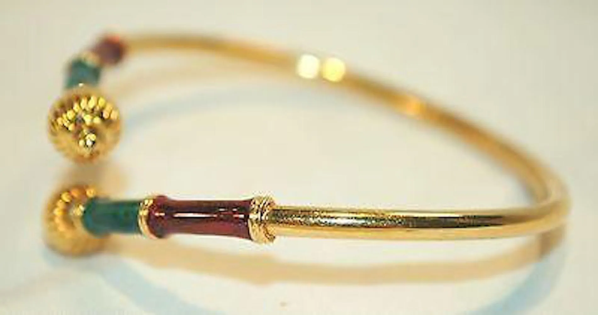 1960's Vintage 18K Yellow Gold Bypass Cuff Bracelet with Red & Green Enamel - $6K VALUE