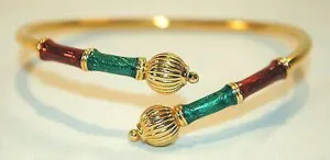 1960's Vintage 18K Yellow Gold Bypass Cuff Bracelet with Red & Green Enamel - $6K VALUE