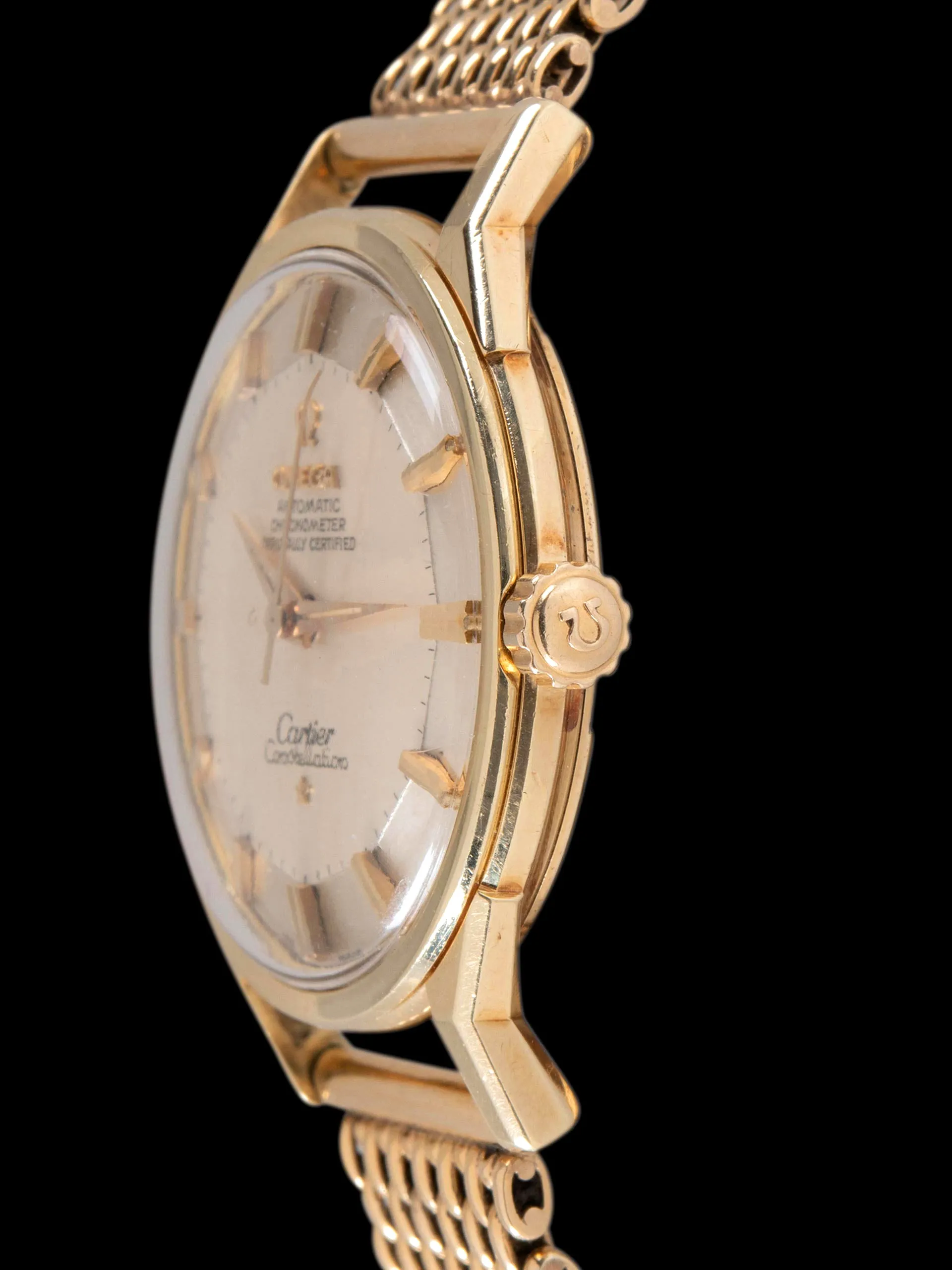 1962 Omega Constellation 14K YG (Ref. 14900SC) Silver "Cartier Cosigned" Pie-Pan Dial W/ Cartier Milanese Bracelet