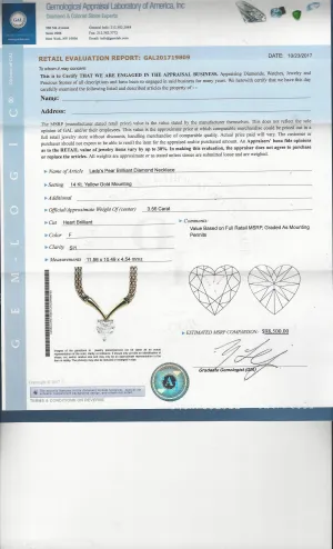 3.56 CT Heart Diamond Rare Designer Necklace Yellow Gold $98K Appraisal Value w/ Certificate!