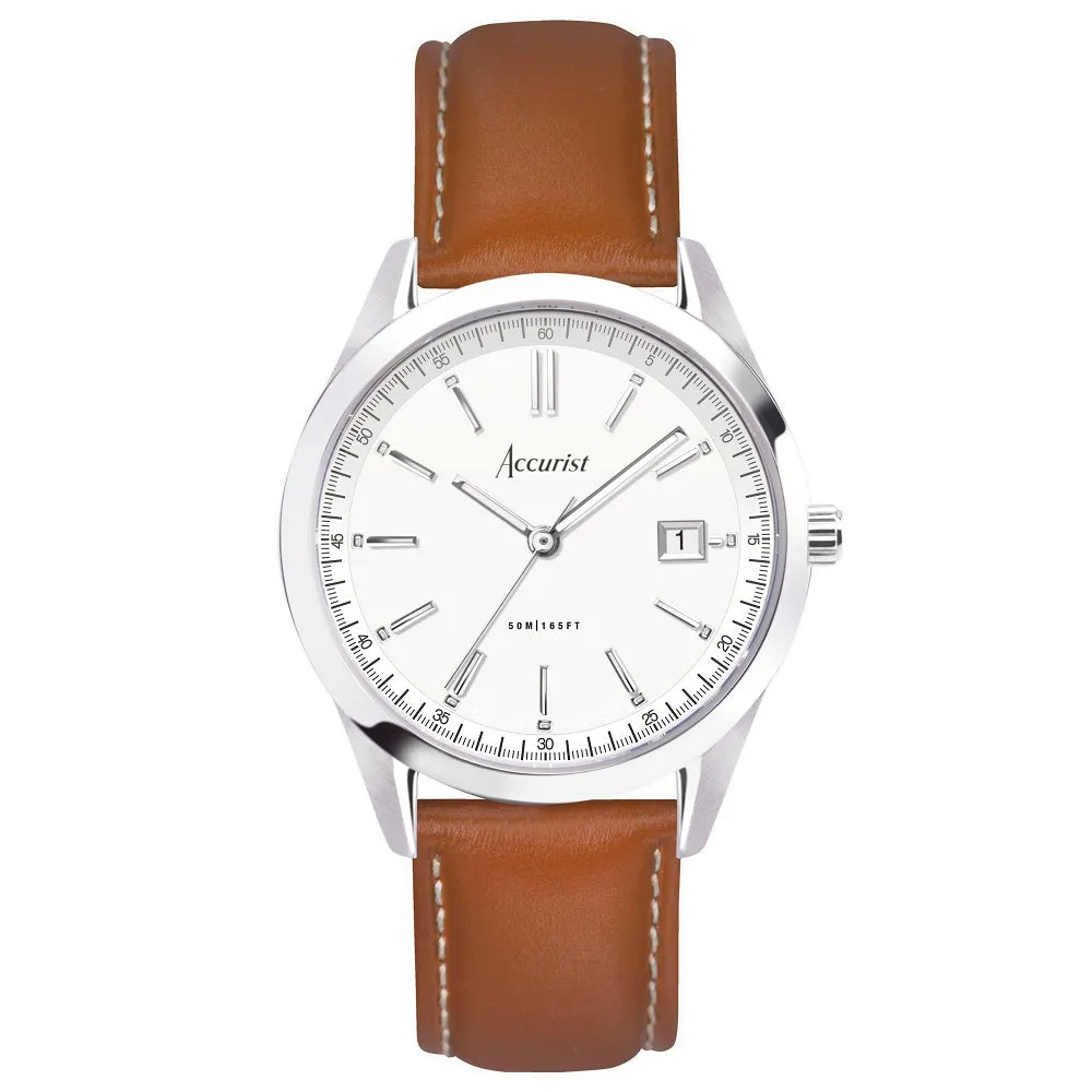Accurist Everyday Mens Leather Brown Strap Watch White Dial 74011