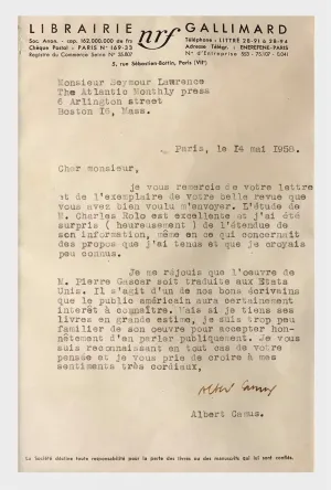 Albert Camus Authentic Signed Typed Letter French May 14 C.1958 - $15K APR w/CoA
