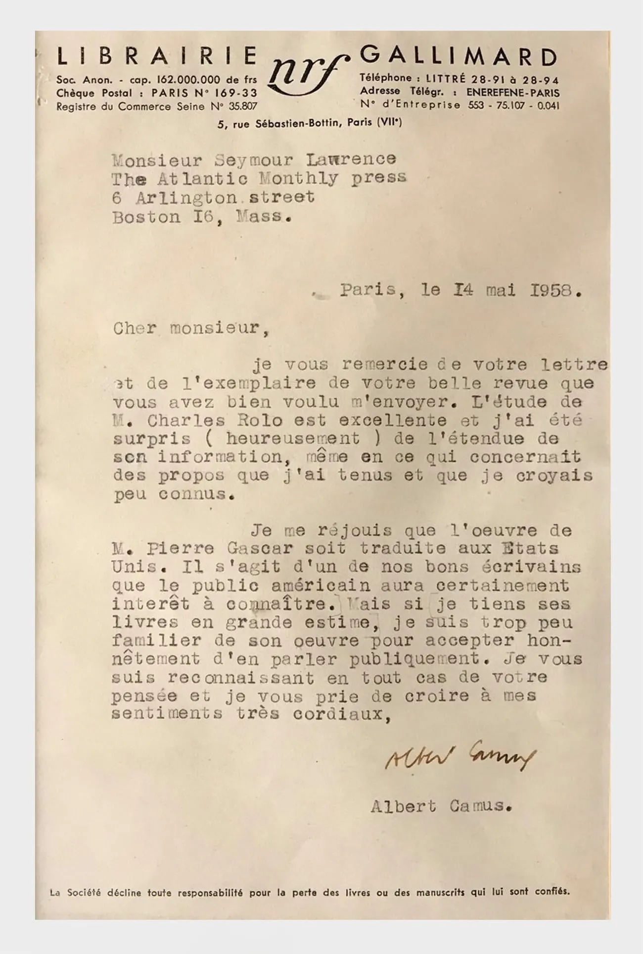 Albert Camus Authentic Signed Typed Letter French May 14 C.1958 - $15K APR w/CoA