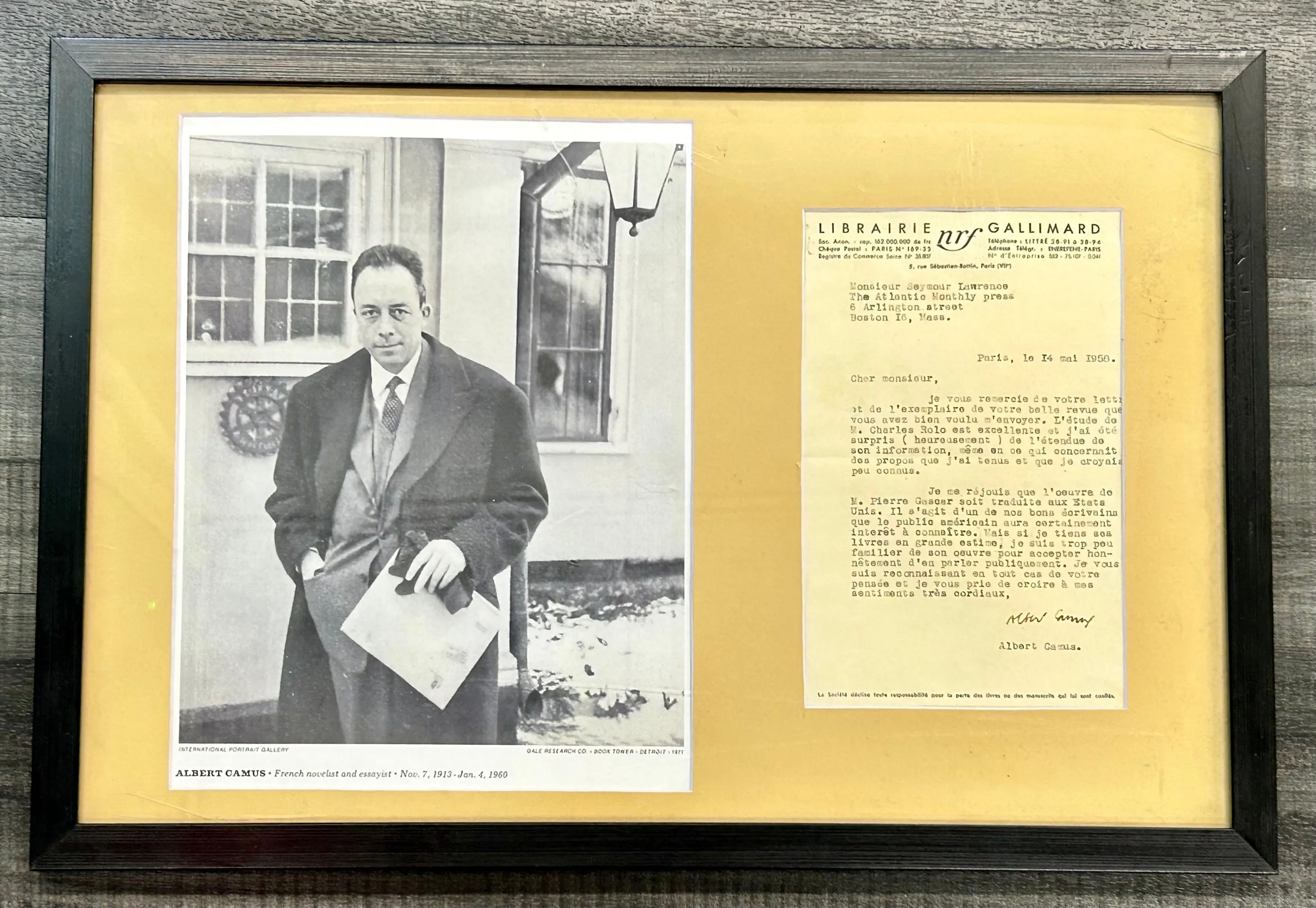 Albert Camus Authentic Signed Typed Letter French May 14 C.1958 - $15K APR w/CoA