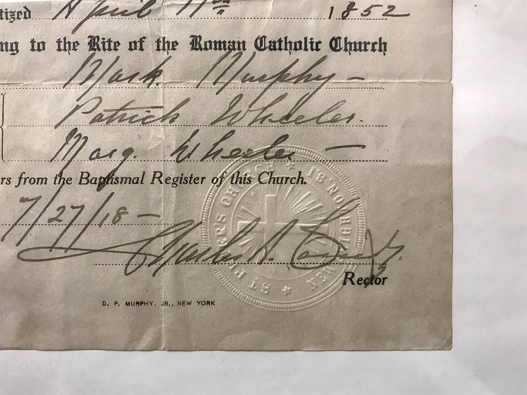 AMAZING C.1852 Baptismal Certificate from St. Peter's Church - $1.5K APR w/ CoA!
