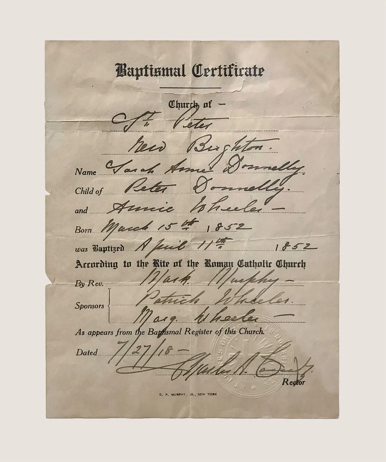 AMAZING C.1852 Baptismal Certificate from St. Peter's Church - $1.5K APR w/ CoA!