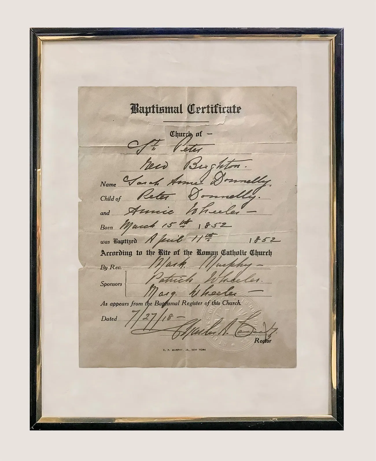 AMAZING C.1852 Baptismal Certificate from St. Peter's Church - $1.5K APR w/ CoA!