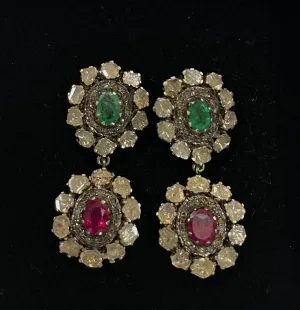 Antique Rare Design Diamonds, Emeralds, Rubies & Gold Earrings - $30K APR w/ CoA