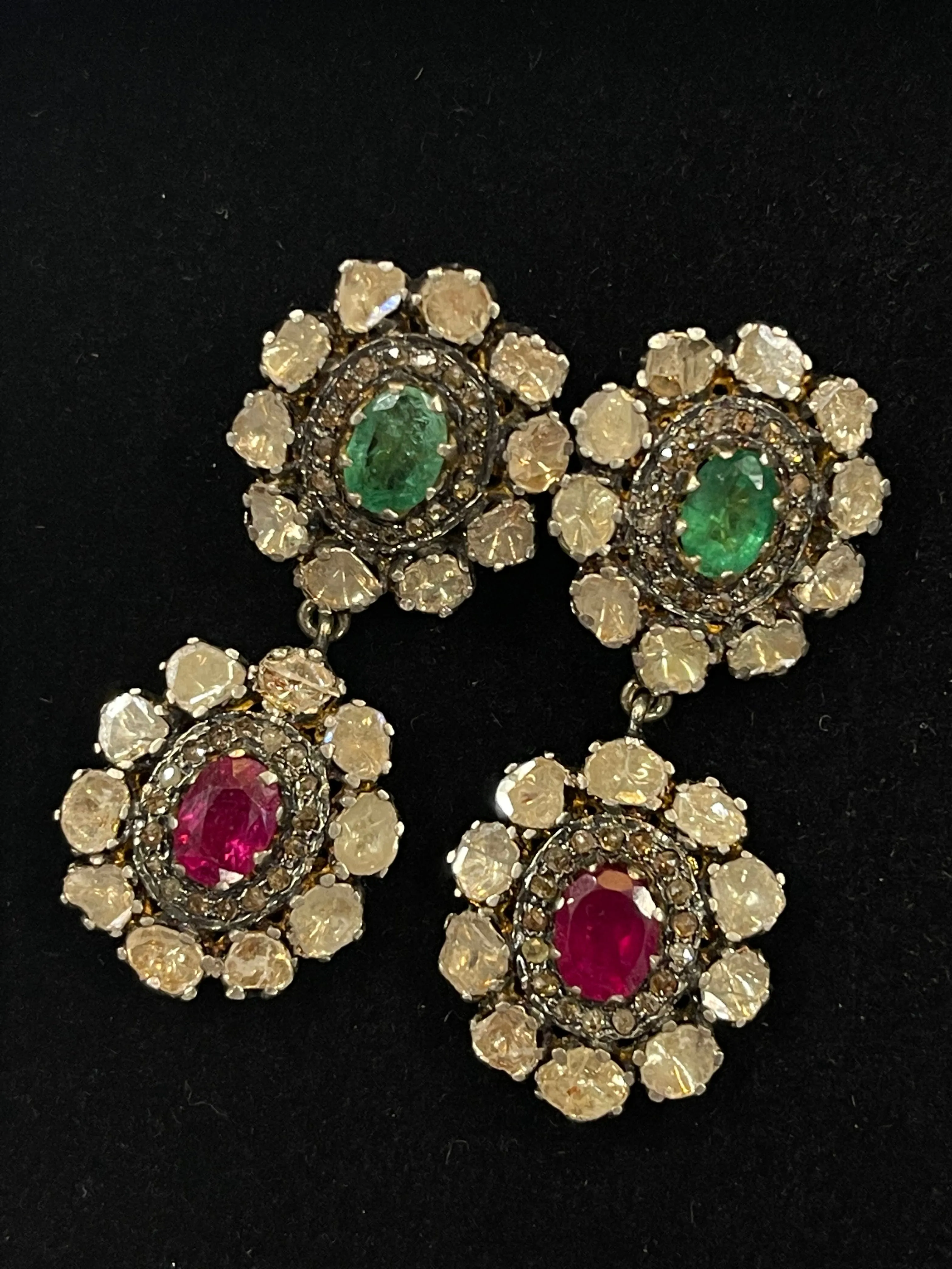 Antique Rare Design Diamonds, Emeralds, Rubies & Gold Earrings - $30K APR w/ CoA