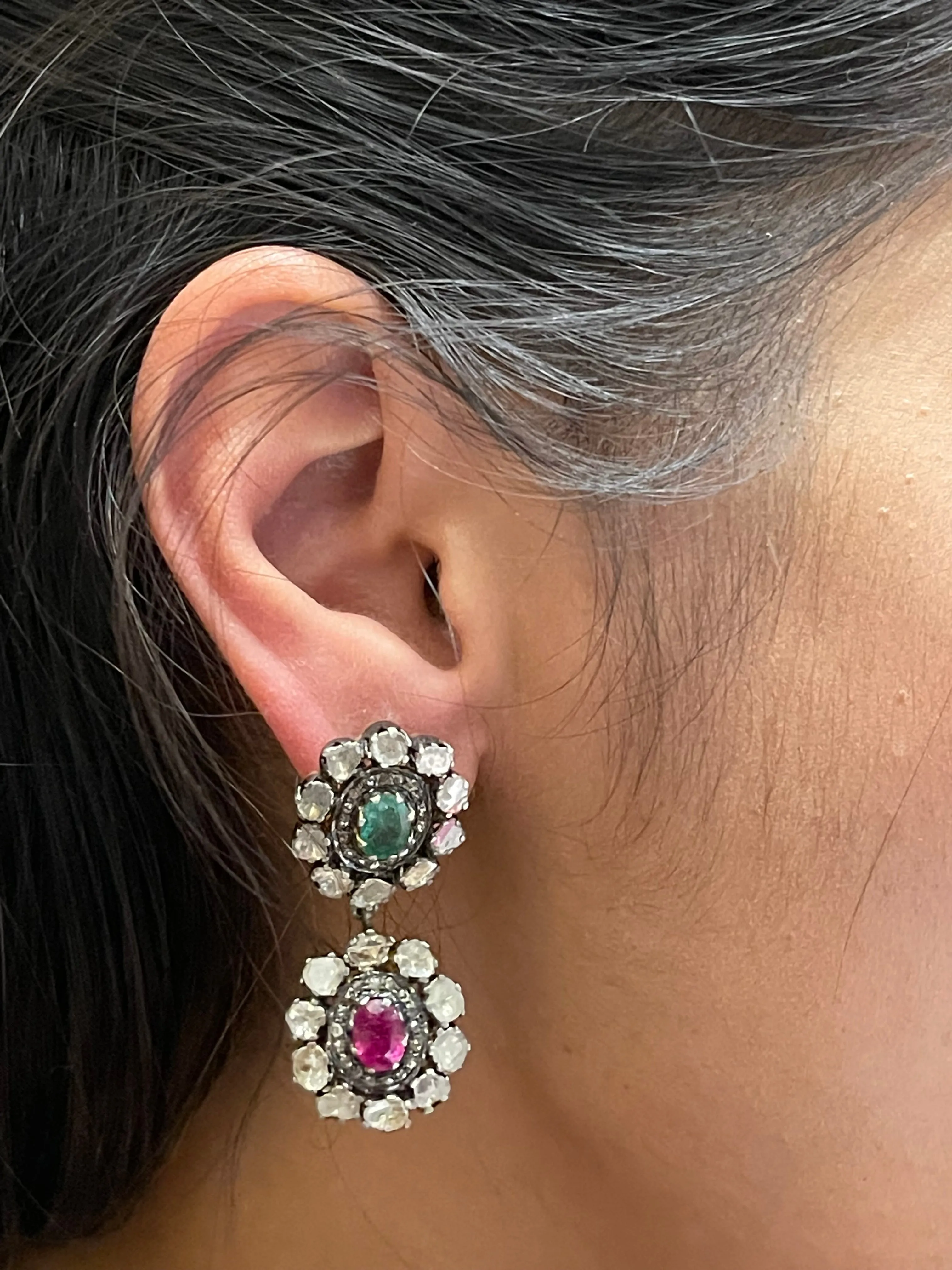 Antique Rare Design Diamonds, Emeralds, Rubies & Gold Earrings - $30K APR w/ CoA