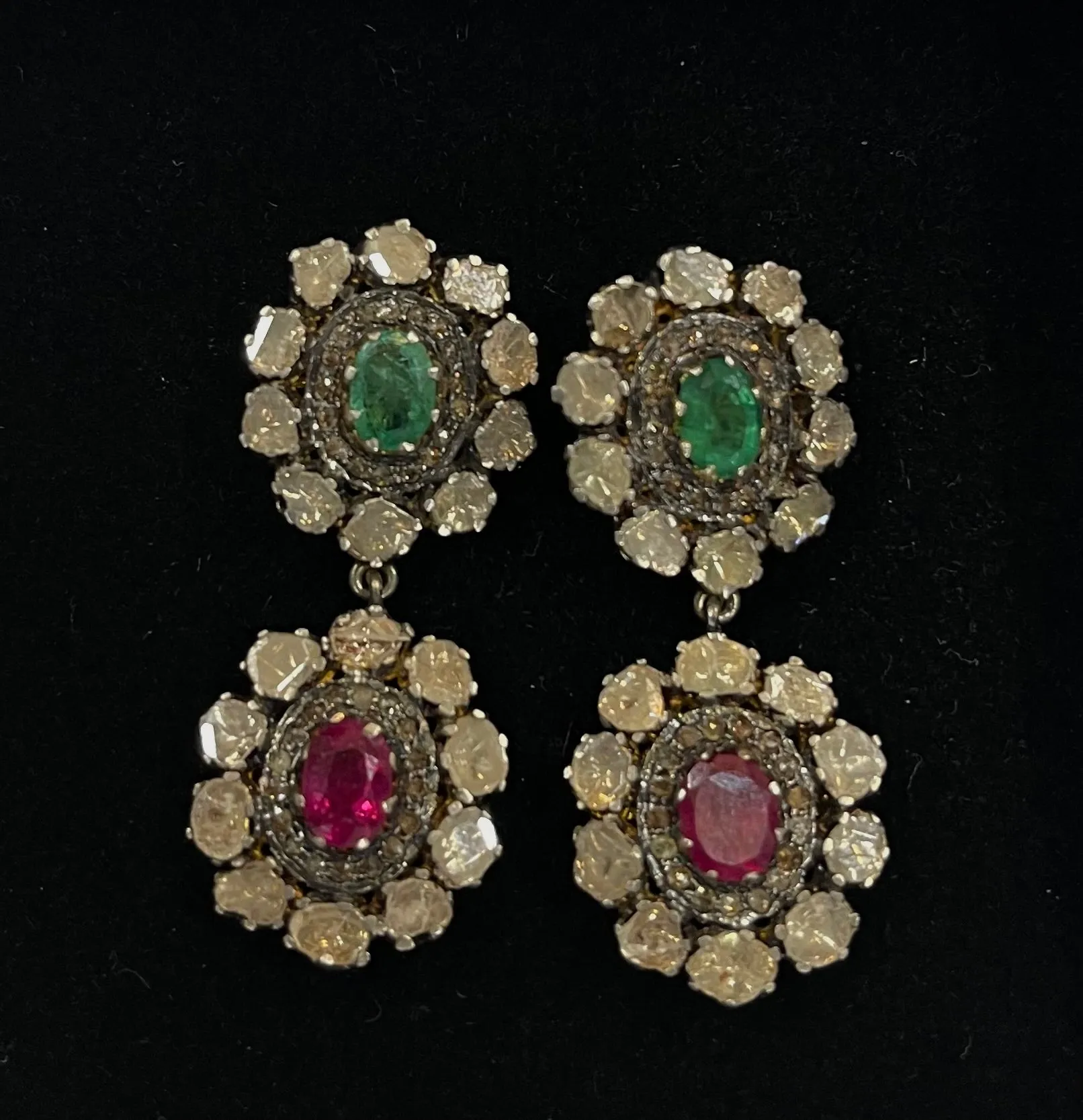 Antique Rare Design Diamonds, Emeralds, Rubies & Gold Earrings - $30K APR w/ CoA