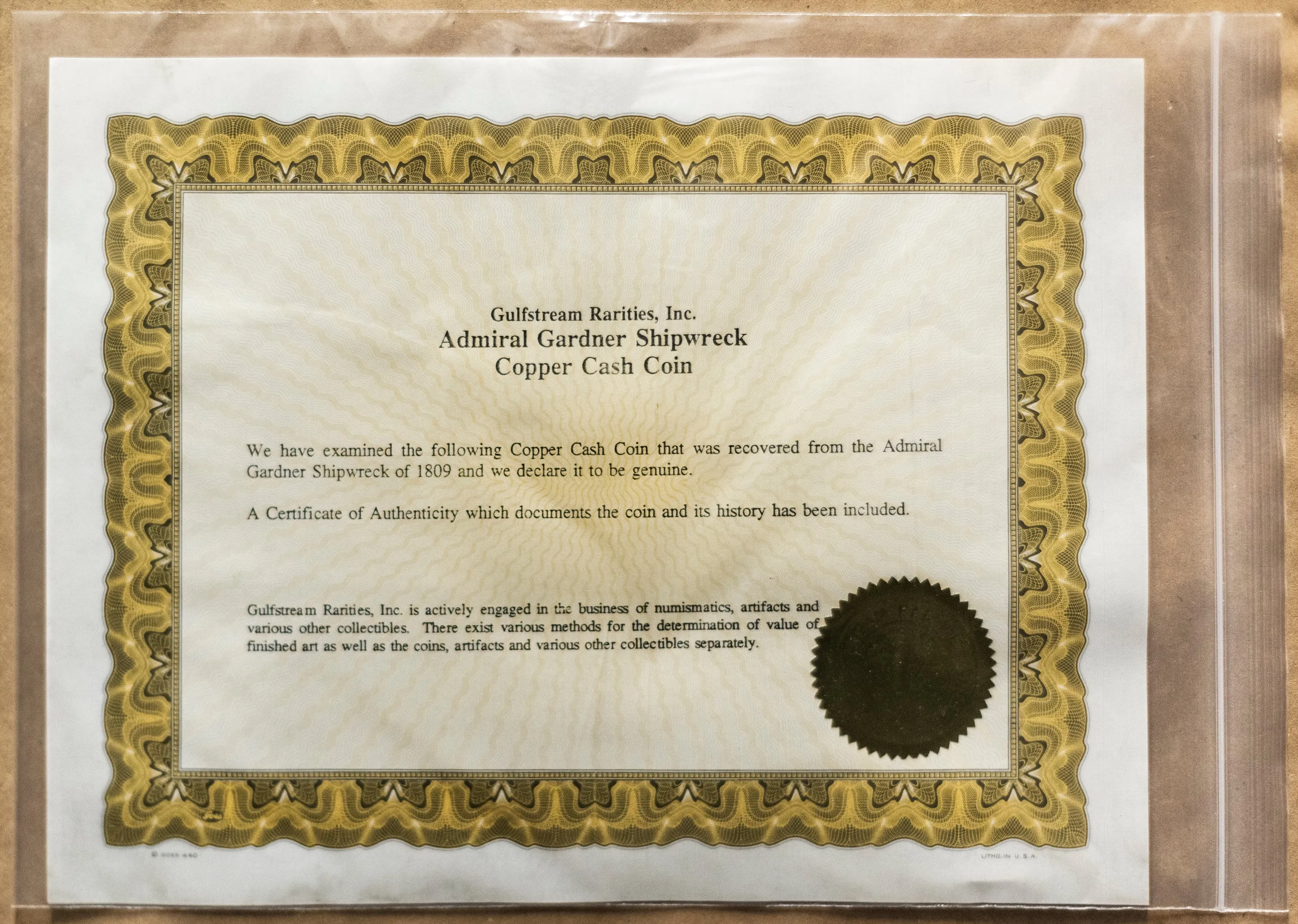 Authentic 1808 Admiral Gardner Shipwreck Copper Cash Coin - $800 APR Value w/ CoA!