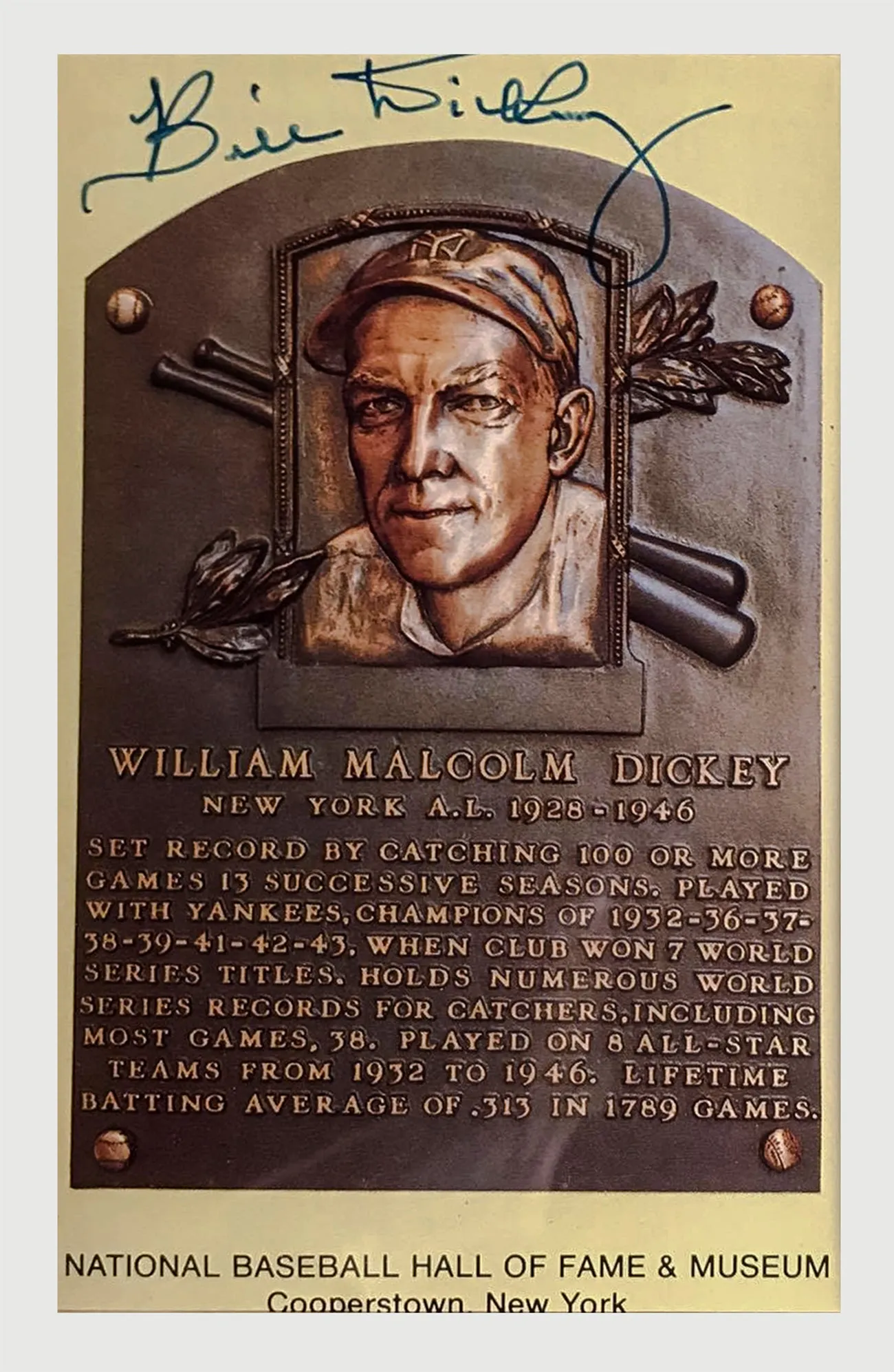 Bill Dickey, C.1960s Hall of Fame Autographed Memorabilia - $4K APR Value w/ CoA