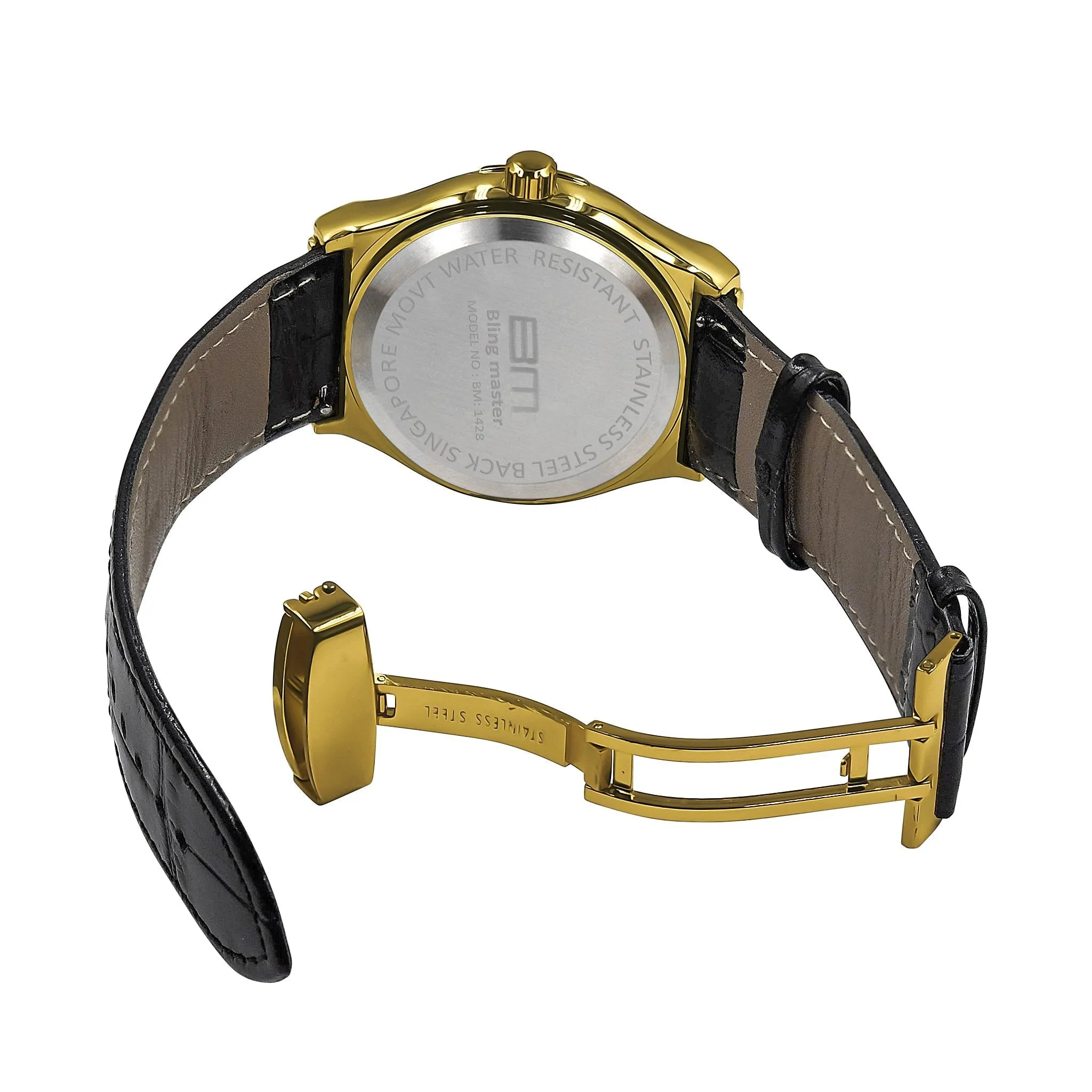 Bling Leather Watch for Men - Grand & Distinct Style, Black Leather Band, 44mm Case Width
