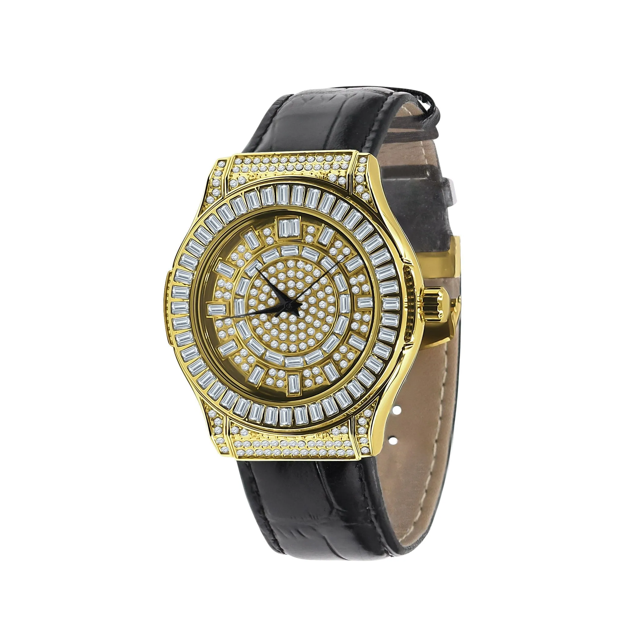 Bling Leather Watch for Men - Grand & Distinct Style, Black Leather Band, 44mm Case Width