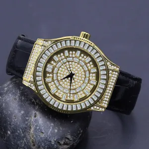 Bling Leather Watch for Men - Grand & Distinct Style, Black Leather Band, 44mm Case Width