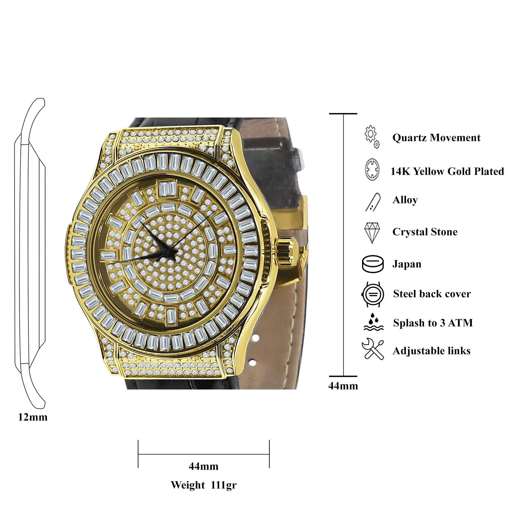 Bling Leather Watch for Men - Grand & Distinct Style, Black Leather Band, 44mm Case Width