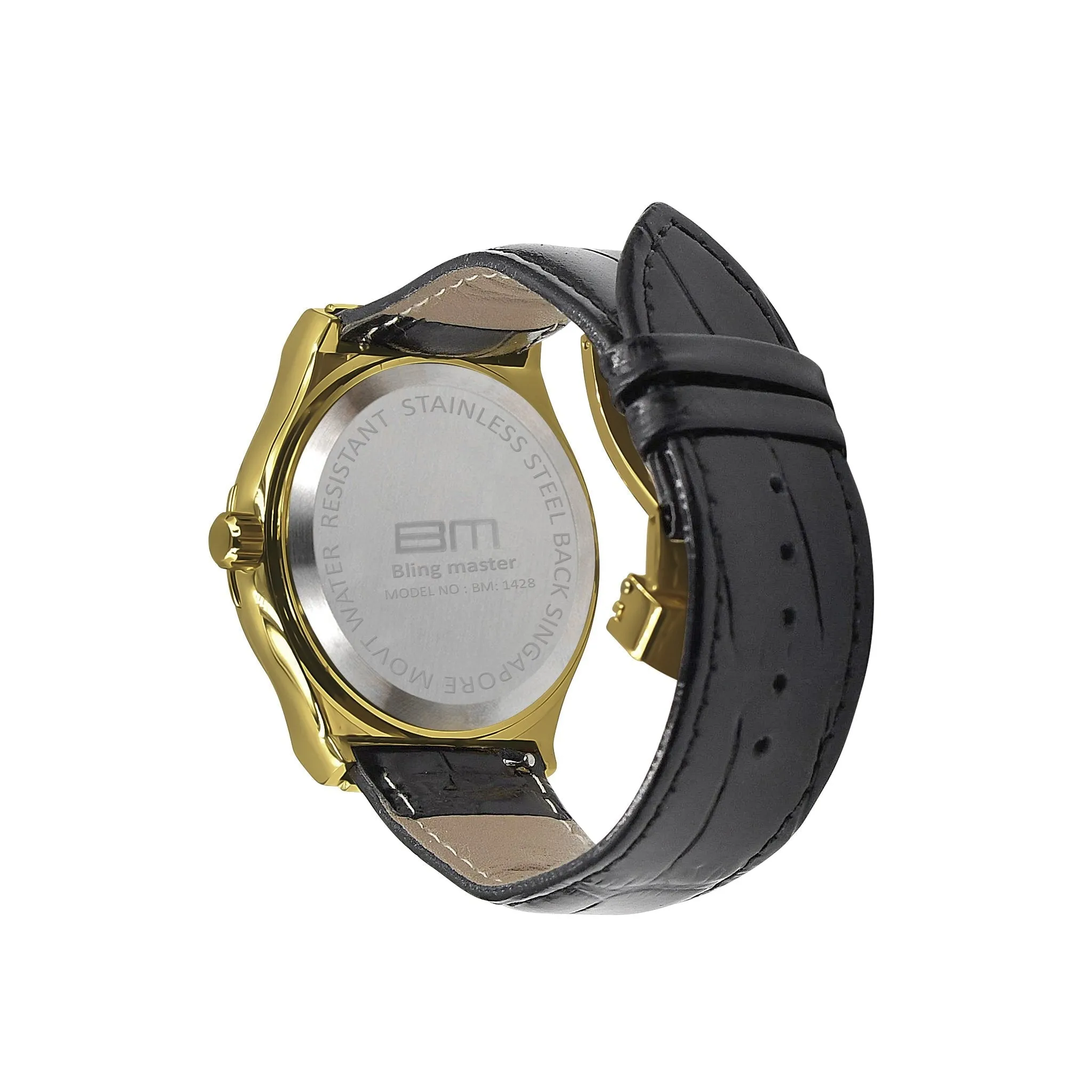 Bling Leather Watch for Men - Grand & Distinct Style, Black Leather Band, 44mm Case Width