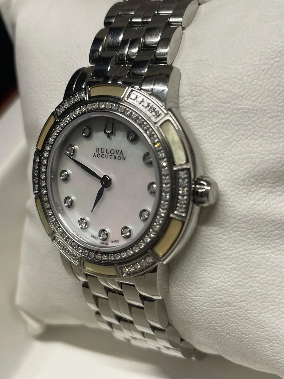 Bulova Stainless Steel Watch, Diamond Bezel, Mother of Pearl Dial- $5K APRw/COA!