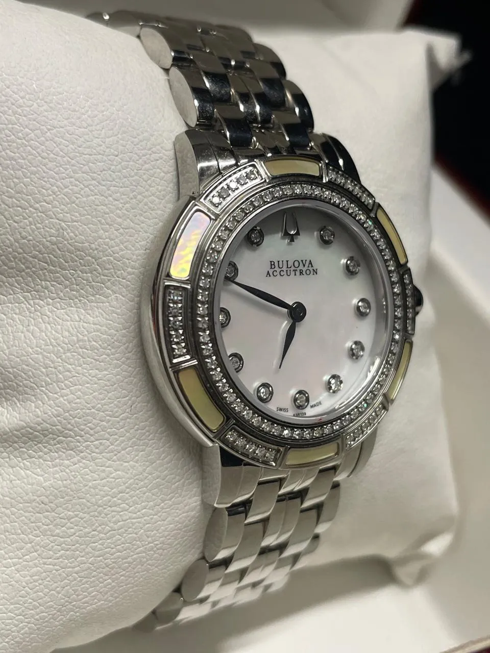 Bulova Stainless Steel Watch, Diamond Bezel, Mother of Pearl Dial- $5K APRw/COA!