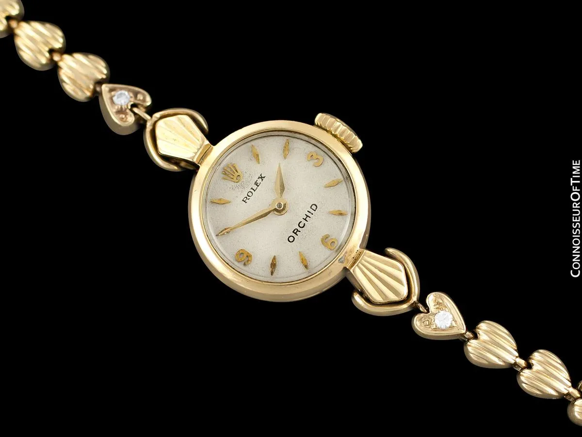 c. 1957 Rolex Orchid Ladies Vintage Watch, 18K Gold - Rare & Beautiful Crown Design