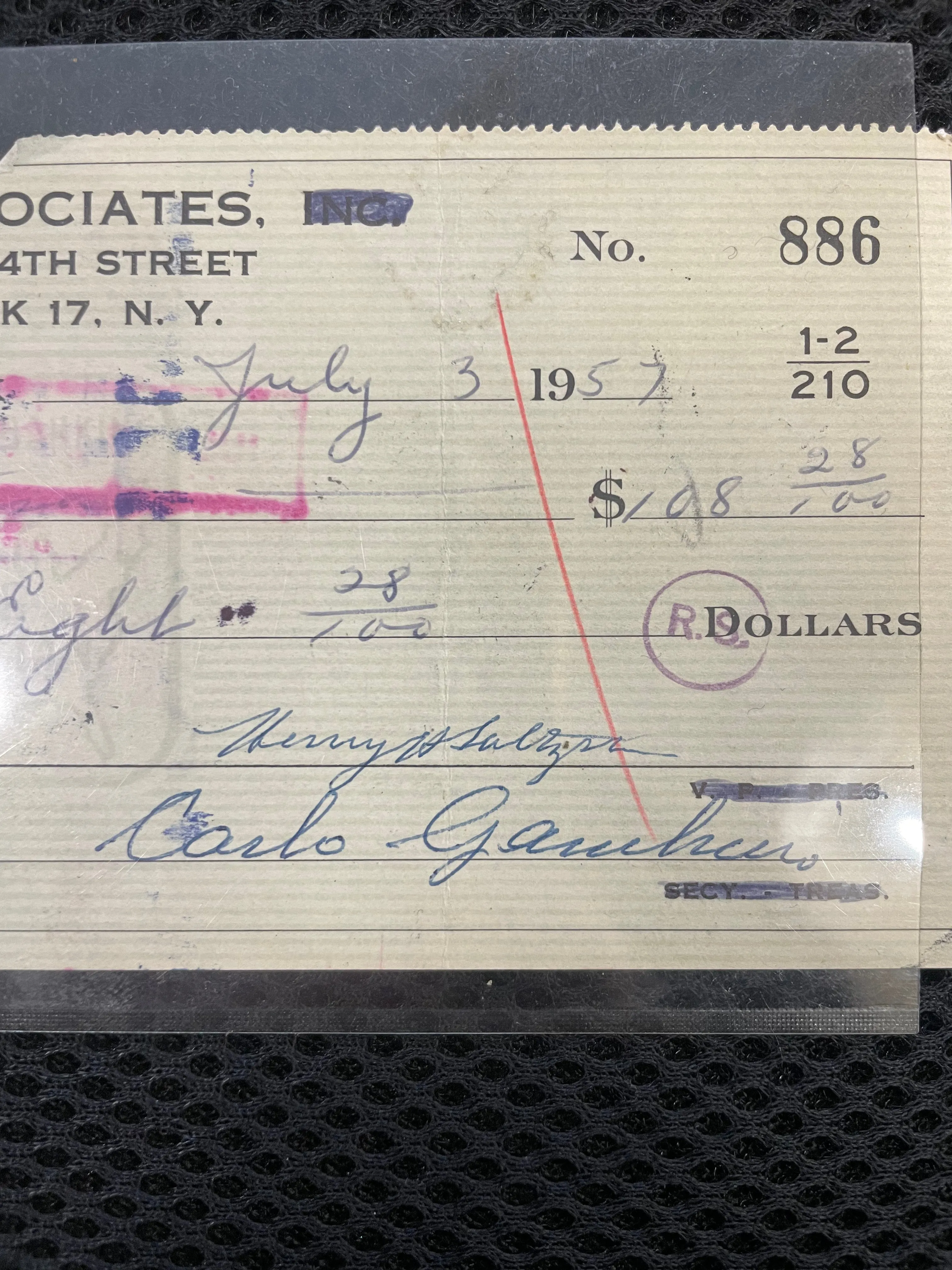 CARLO GAMBINO "CRIME BOSS" SIGNED CHASE BANK CHECK JULY 3, 1957 - $10K APR w CoA