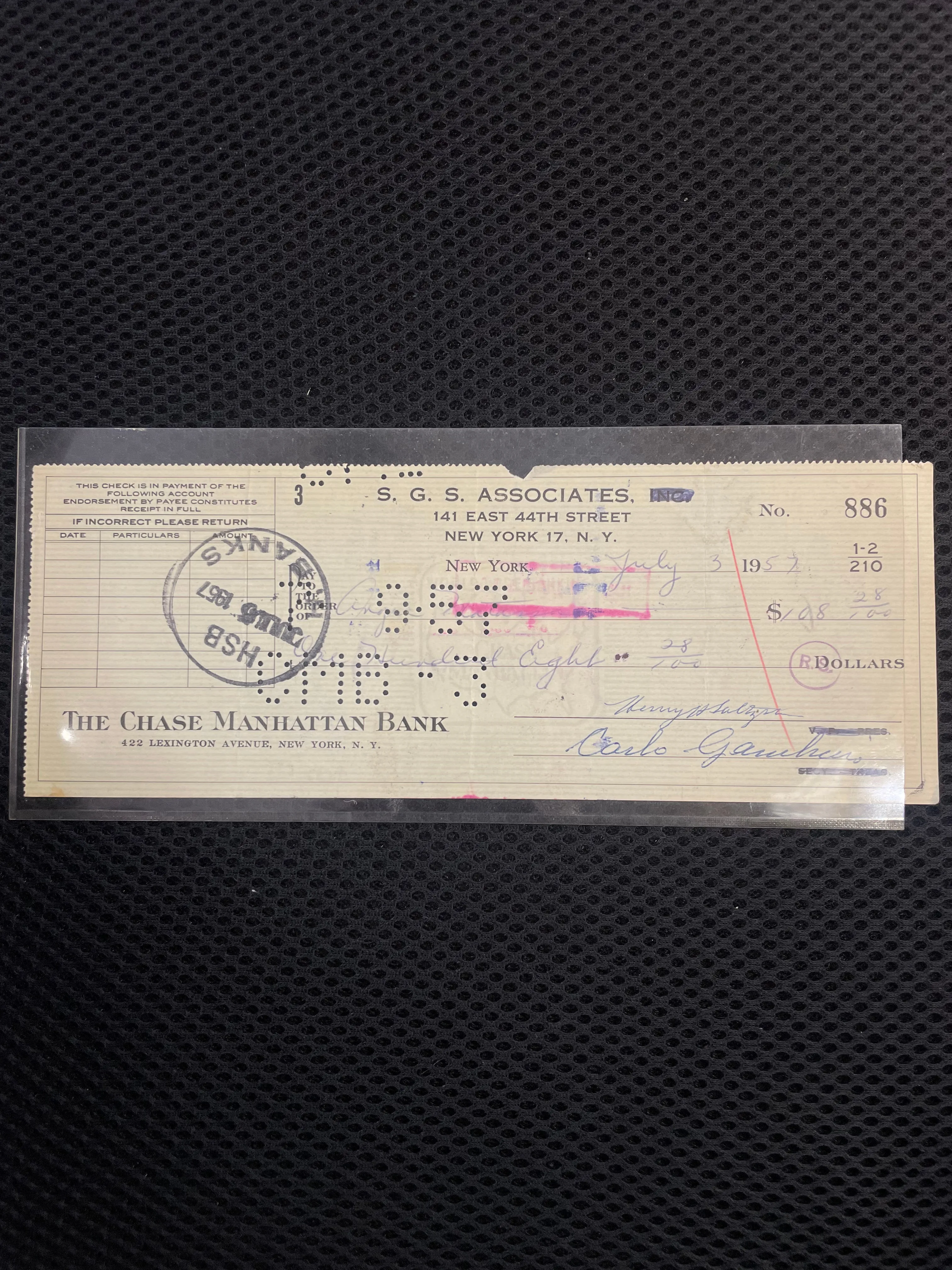 CARLO GAMBINO "CRIME BOSS" SIGNED CHASE BANK CHECK JULY 3, 1957 - $10K APR w CoA