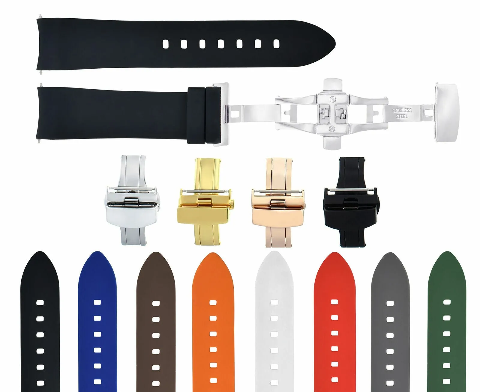 CURVED END SILICONE WATCH BAND RUBBER STRAP 18MM 19MM,20MM 21MM 22MM 24MM  CLASP