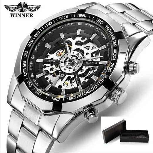 Fashion Sale Stainless Steel Automatic Self Winder Skeleton Mechanical Watch