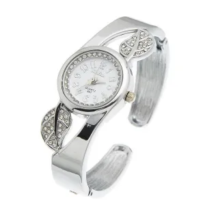 Fashion Student Children Cuff Bangle Watch Round Quartz Watch Women Dress Watch Gift Rhinestone Leaves Decor